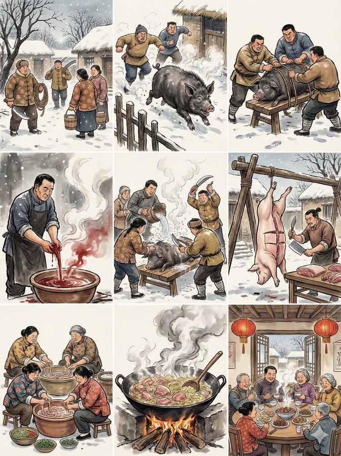 水墨九格杀年猪